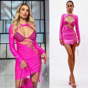 Dundas Coco Bijoux Fuchsia Pink Lace-Up Embellished Bodycon Mini Dress XS